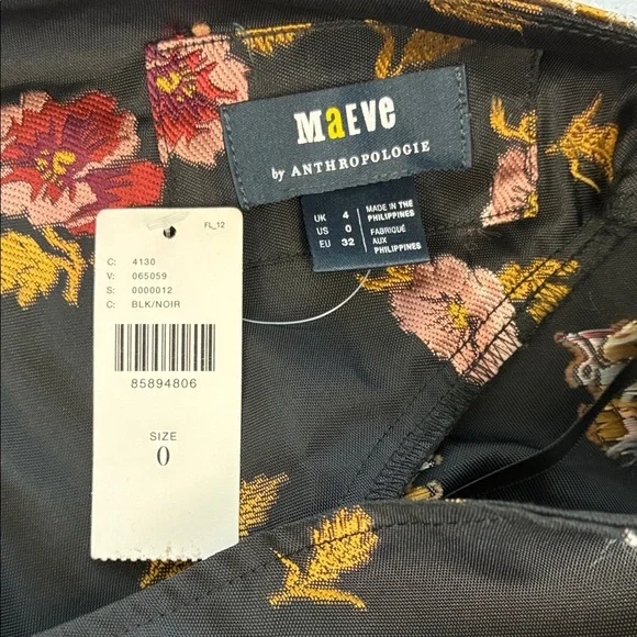 Maeve Sculpted A-Line Mini Dress Black Floral Jacquard V-Neck Long Sleeve 0  NWT